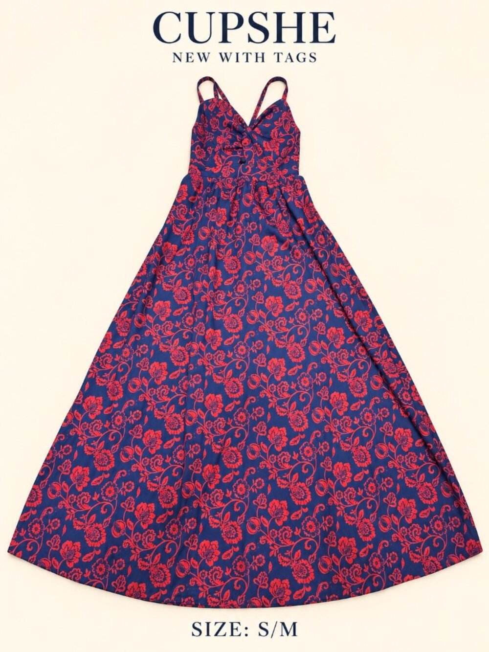 Cupshe Navy & Red Floral Maxi Dress Adjustable Straps S/M New With Tags